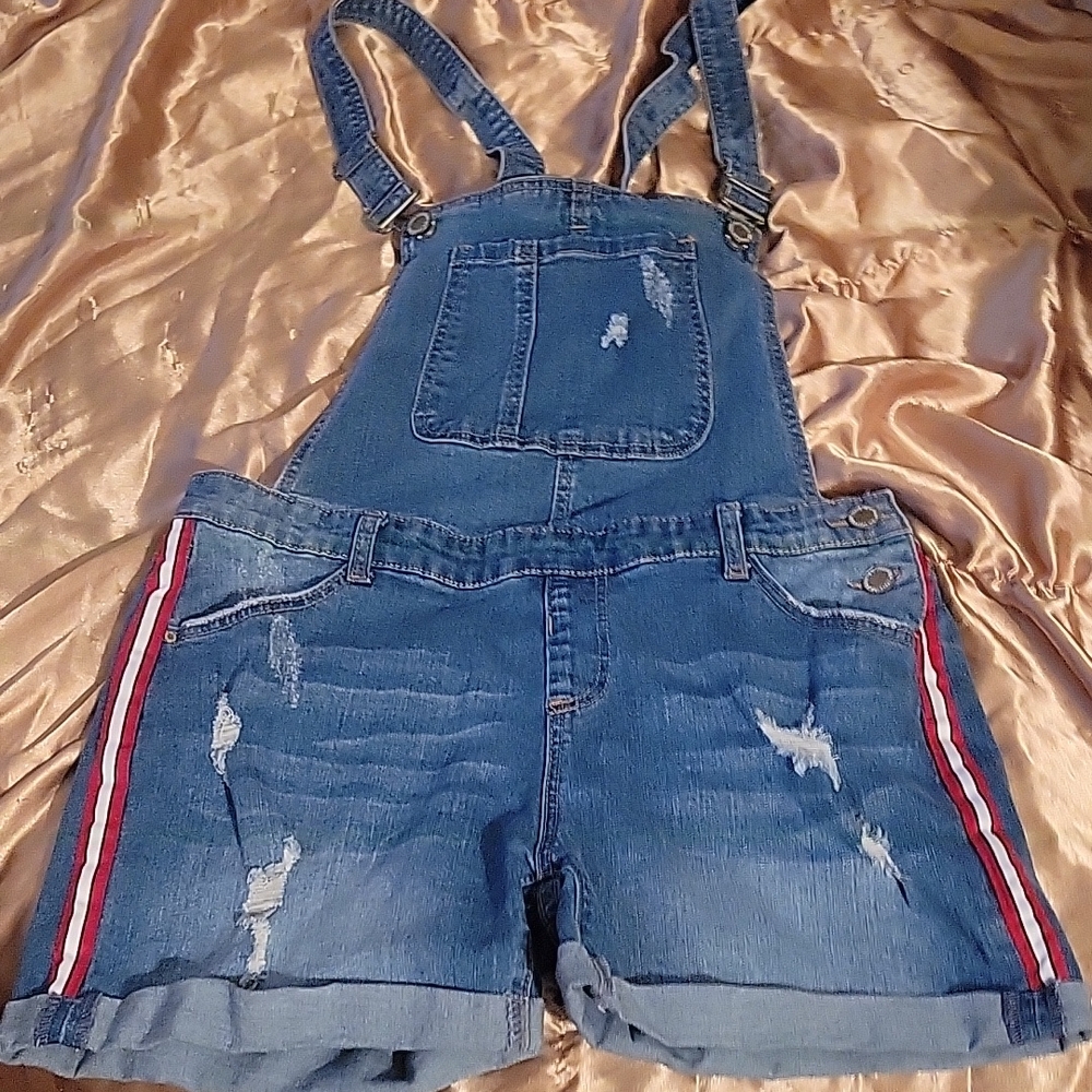 Denim Overalls with Red Stripes